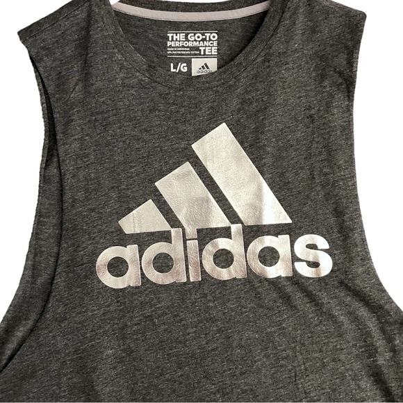ADIDAS Women’s Dark Gray Heather Logo Shiny Foil Muscle Tank New With Tags - Picture 2 of 7